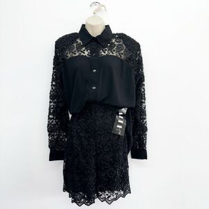 Faith Vintage Women’s Black Semi Sheer Beaded Lace Button Down Long Sleeve Short